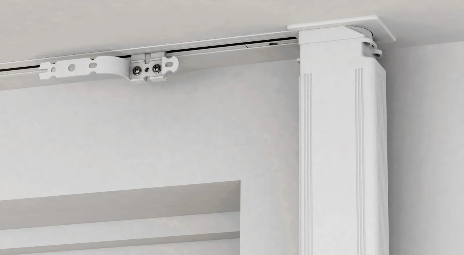 Chi tiết bộ ray rèm âm trần với xe con trượt và đầu gắn động cơ